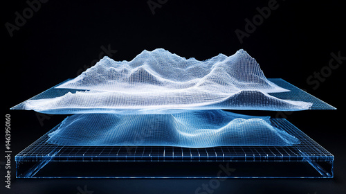 Layered topographic map visualization.  Two superimposed digital terrain models, one above the other, presented within a gridded frame, showcasing the elevation and contour lines of a mountainous 