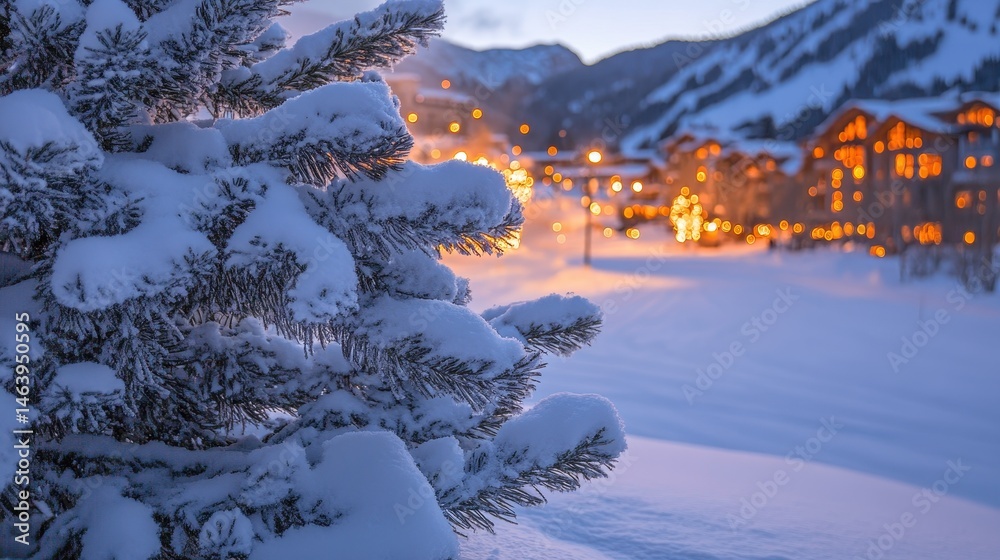 Snow-covered pine boughs with blurred town lights and mountains in the distance. Great image for winter holiday themes, travel, or snowy landscape scenes.