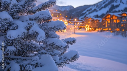 Obraz na płótnie Snow-covered pine boughs with blurred town lights and mountains in the distance. Great image for winter holiday themes, travel, or snowy landscape scenes. w salonie