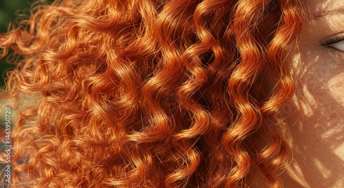 Close-up of red curly hair with freckles and sunlight