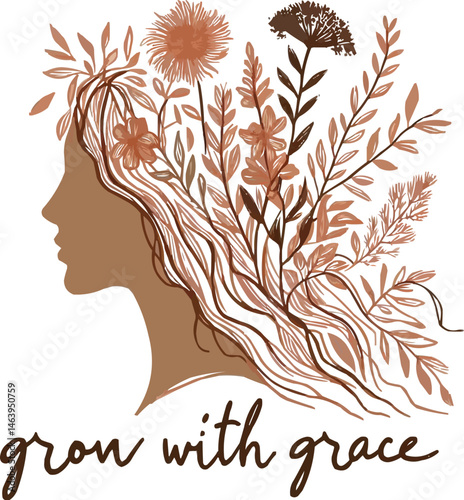 Woman face with colorful floral hair  luxury botanical  line art illustration. Generative AI.