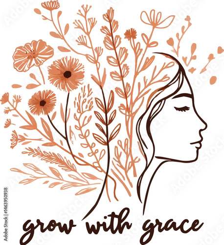 Woman face with colorful floral hair  luxury botanical  line art illustration. Generative AI.