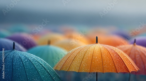 Colorful umbrellas covered in raindrops under soft light symbolizing insurance coverage, personal protection, weather risk management and metaphorical safety in uncertain conditions