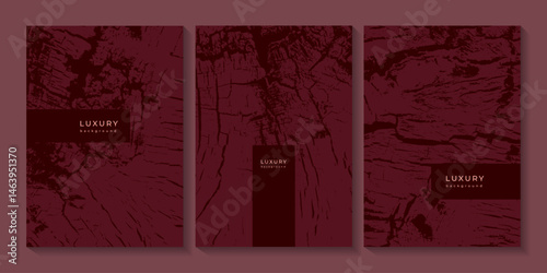 Set of templates with mahogany wood texture with deep cracks. Grunge texture. Painted dark red wood background for business cards and posters
