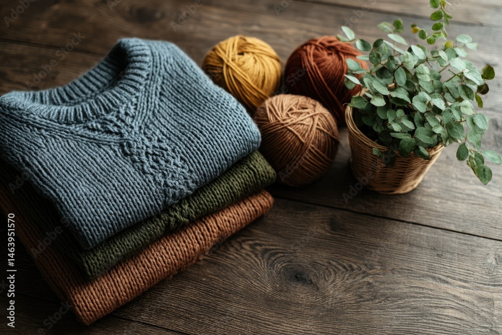 Fototapeta premium Cozy Knitwear Stack: Autumnal Hues and Rustic Charm