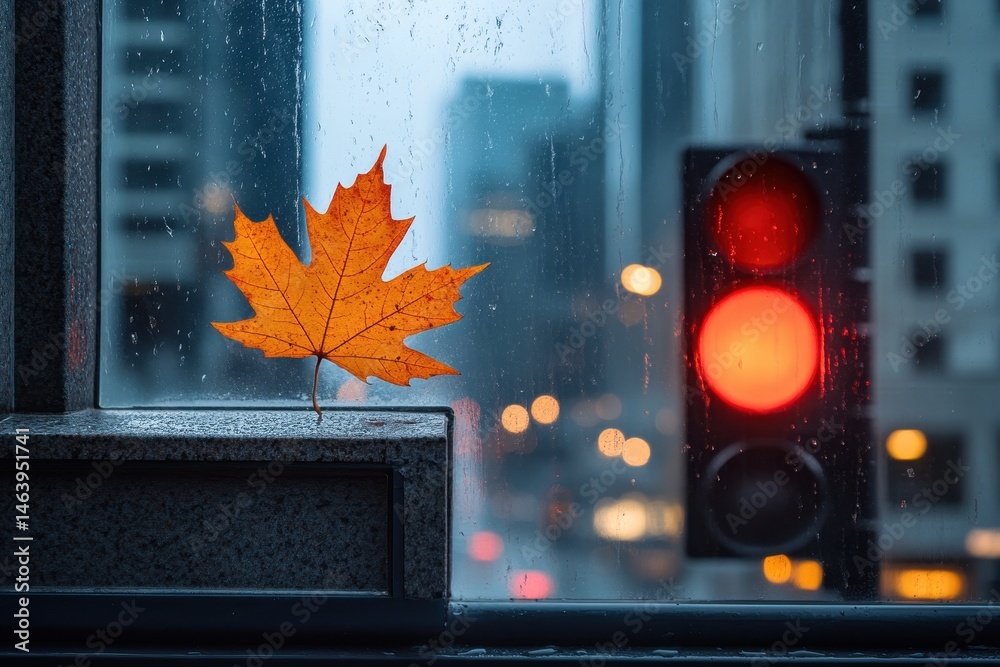 Rainy city view through glass with maple leaf and red traffic light. Use for autumn mood, urban weather, seasonal transition.