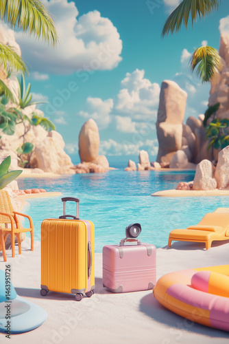A vibrant beach scene with a stylized, playful vibe. Includes colorful items like a suitcase, inflatable ring, beach chair, and a camera, framed by palm trees and a bright ocean backdrop.