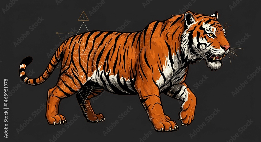 Obraz premium Majestic Bengal Tiger Walking Illustrated with Geometric Design Wild Cat Art