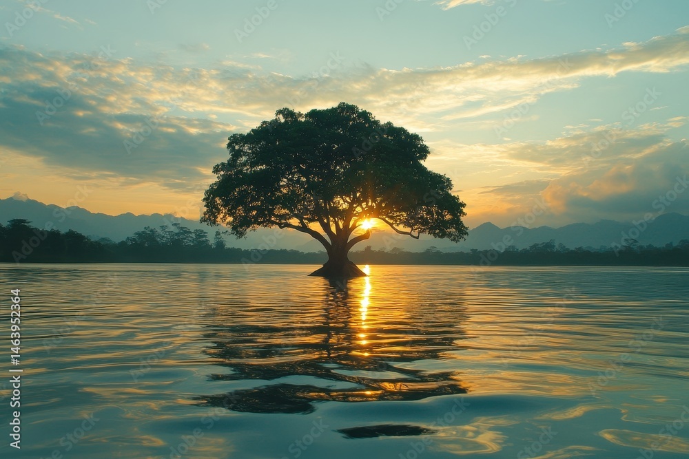 Lone tree stands in water during golden hour sunset. Ideal for concepts like strength, hope, and natural beauty.