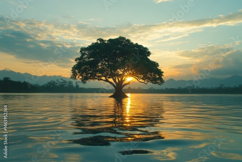 Obraz na płótnie Lone tree stands in water during golden hour sunset. Ideal for concepts like strength, hope, and natural beauty. w salonie