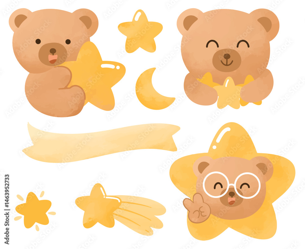 Fototapeta premium Bear star elements hand drawn illustration for birthday design project