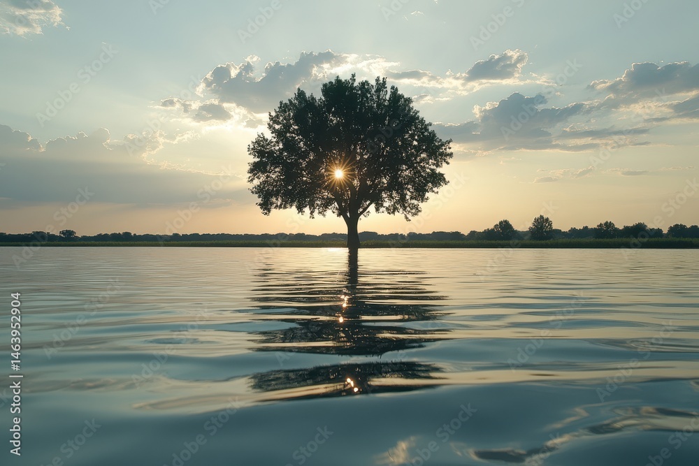 Lone tree stands in the water with sun shining through its branches. Ideal for projects needing themes of strength, nature, and serenity.