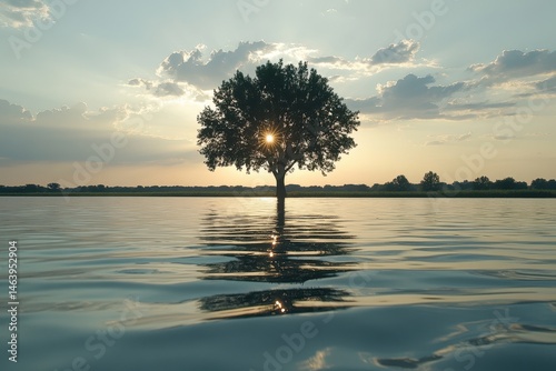 Obraz na płótnie Lone tree stands in the water with sun shining through its branches. Ideal for projects needing themes of strength, nature, and serenity. w salonie