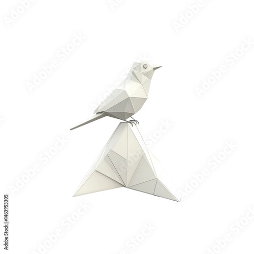 Low Poly Bird on Geometric Peak - Minimalist White 3D Render
