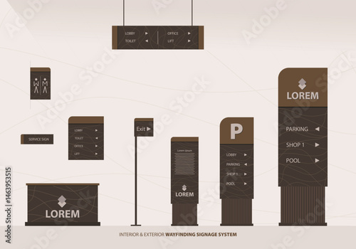 Wayfinding system signage mockup set Direction signs Exterior and interior way finding design