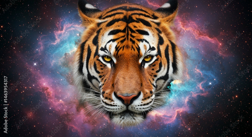 Fototapeta premium Majestic Tiger Head in Cosmic Nebula Mystical Space Wildlife Portrait