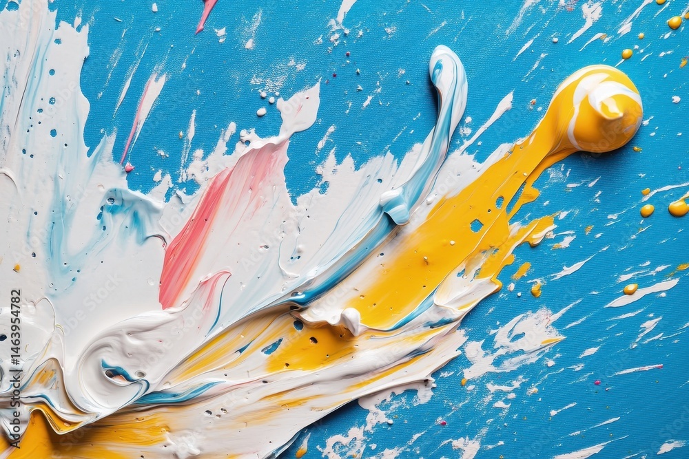 Bright palette knife strokes of acrylic paint on textured blue canvas. Use it for backgrounds, design elements, or creative projects showcasing art.