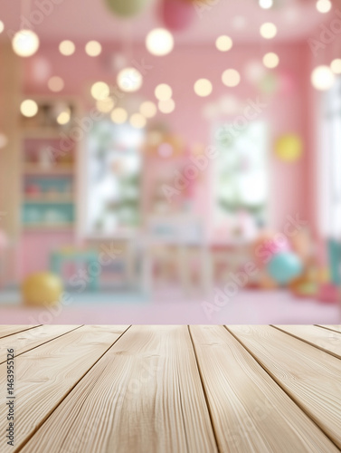 A soft focus view of a pastel colored wooden table with a blurry background of a playful, cozy children's room filled with balloons, lights, and a colorful play area.