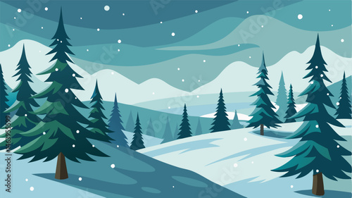 The stillness of a snowy pine forest broken only by the gentle rustle of pine needles in the wind.