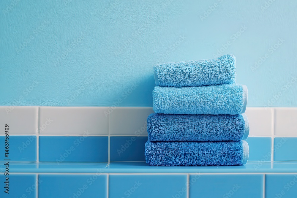 Stack of folded blue towels in a bathroom with blue tiled wall. Use in spa promotions, hotel advertising, or cleaning product ads.