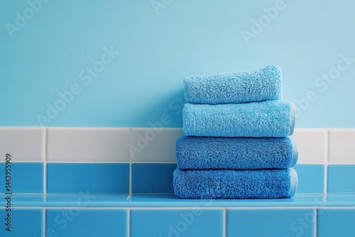 Stack of folded blue towels in a bathroom with blue tiled wall. Use in spa promotions, hotel advertising, or cleaning product ads.