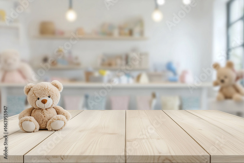 A soft, cozy scene with a wooden table in the foreground, featuring a teddy bear toy and a blurred, well-lit children's room with stuffed animals and playful decor in the background.

