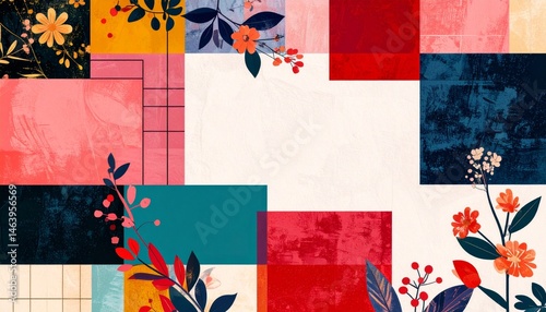 A creative geometric background with floral elements and mixed textures presents a visually rich and modern collage, perfect for stylish printed or digital designs like posters and invitations.
