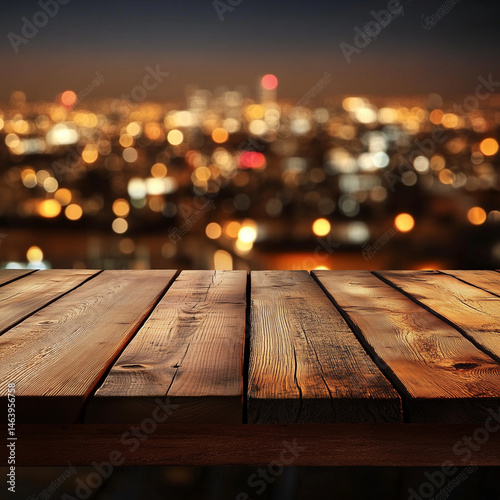 A wooden table against a blurry city skyline during the night, with a bokeh of lights creating a vibrant and atmospheric backdrop. The image conveys a sense of urban sophistication.