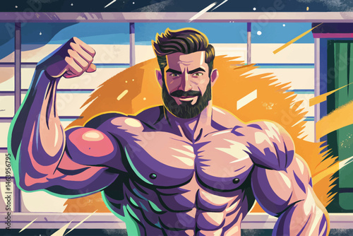Muscular man with a perfect physique raising hand gesture, symbolizing strength, fitness, motivation, and positive lifestyle. Ideal for gym, bodybuilding, health, and wellness vector