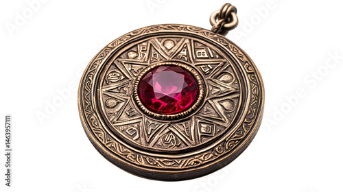 Ornamental metal amulet with ruby gem, ancient artifact, cut out transparent