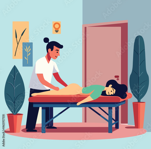 Serene Massage Session: A skilled masseuse kneads the muscles of a client in a tranquil setting, emphasizing relaxation and well-being.