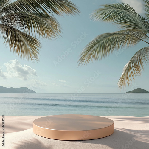 A minimalist circular pedestal set on a sandy beach, framed by palm trees, with a tranquil ocean and blue sky in the background, creating a serene tropical scene.