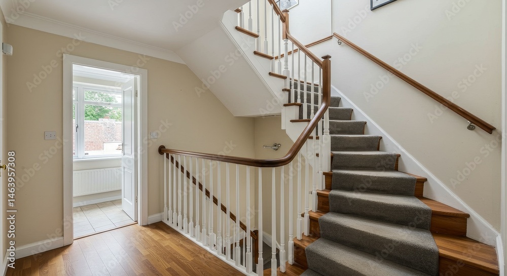 Obraz premium Interior View of a Staircase with Wooden Steps and White Railings