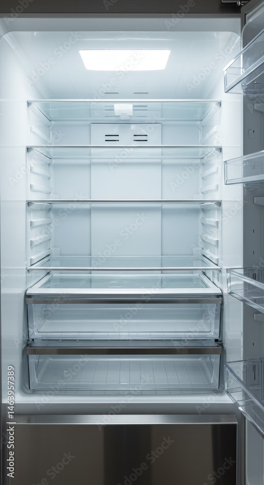 Interior View of Modern Empty Refrigerator with Glass Shelves Interior View of Modern Empty Refrigerator with Glass Shelves