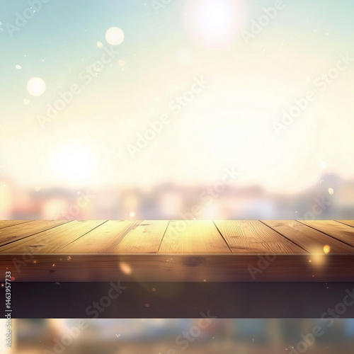 A wooden table with a dreamy, blurred city background, softly lit by warm sunlight. The warm tones and subtle bokeh effect create an inviting, peaceful atmosphere.
