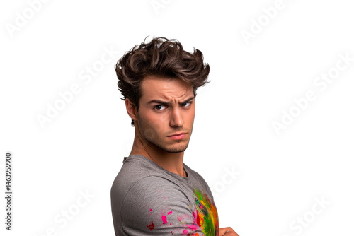 Man with suspicious look and colorful painted shirt, cut out transparent