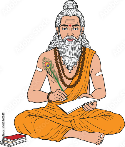 Indian Sadhu Rishi Muni Illustration with Peacock Feather