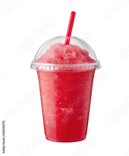 Refreshing frozen strawberry slush drink in plastic cup with straw on transparent PNG background