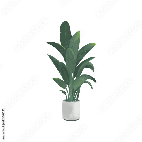 Watercolor style Bird of Paradise plant in a white ceramic pot. Decorative indoor foliage perfect for botanical design, home decor, and nature-themed illustrations.