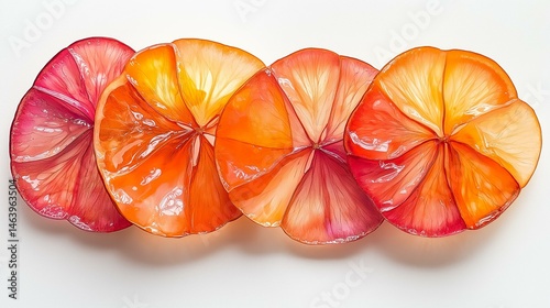 Four vibrant citrus fruit slices, ranging from pink to orange, are beautifully arranged in a row showing their translucent textures on a plain white surface.