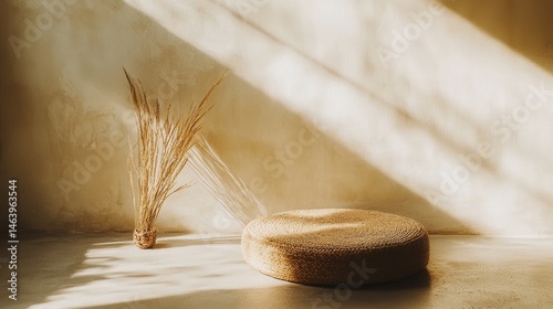 Sunlit Room with Woven Floor Cushion and Dried Flowers