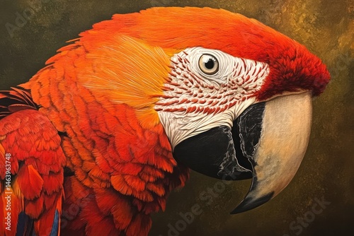 Close-up of scarlet macaw, beak in sharp focus, jungle tones in background