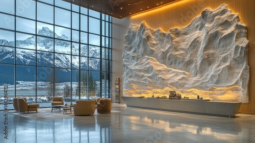 Lobby view Scenic mountains, modern design with reception desk & chairs
