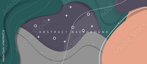 modern abstract layered background with fluid overlapping shapes in gray, teal, and peachy-orange, accented by dotted lines and geometric elements