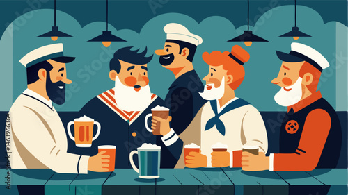 Sailors gather at the local pub swapping tales and sipping on mugs of hearty ale.