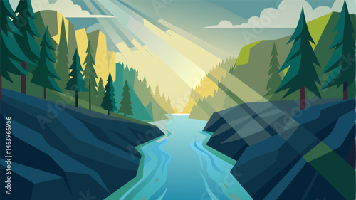The sunlight filters through the dense trees that line the river gorge casting ethereal beams across the rushing water.