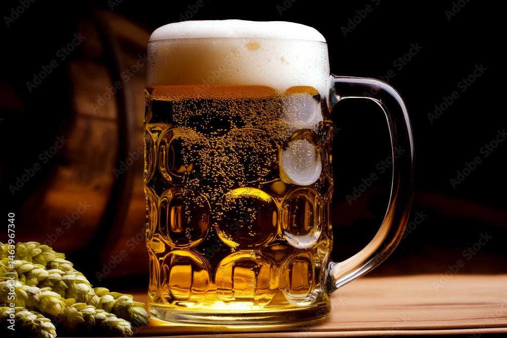 A frothy beer mug sits on a wooden table beside hops, with a dark background. Concept of refreshment, brewing. For beverage advertising