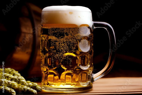 Obraz na płótnie A frothy beer mug sits on a wooden table beside hops, with a dark background. Concept of refreshment, brewing. For beverage advertising w salonie