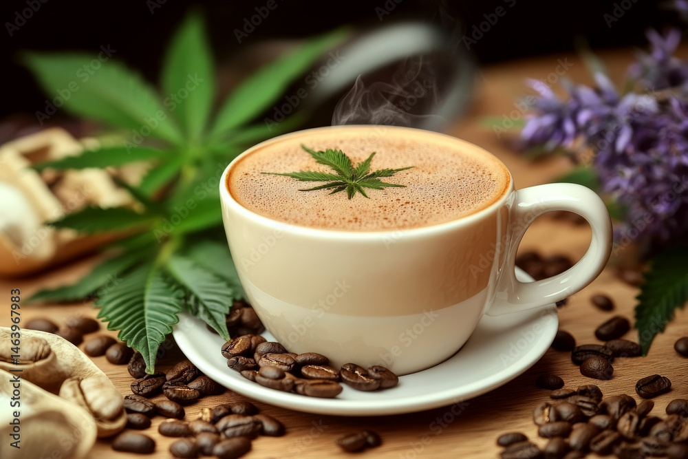 A steaming cup with a leaf on the frothy surface is surrounded by coffee beans on a wooden table. Concept of relaxation and unique beverages. For wellness product photography.