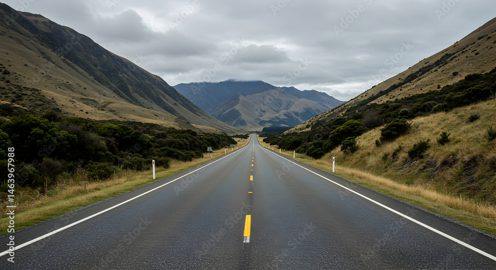 Naklejka premium Long Road through Mountain Pass Under Cloudy Sky Landscape